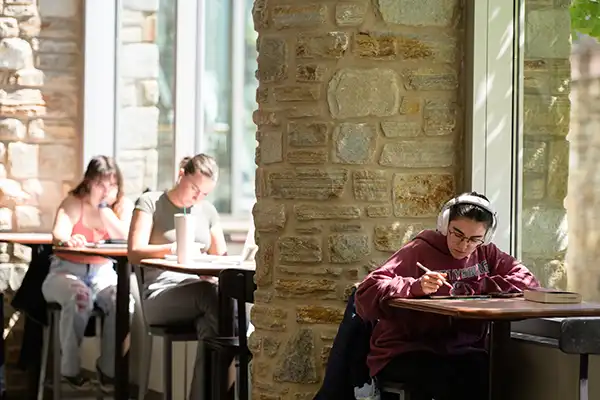 Students work in common areas on campus