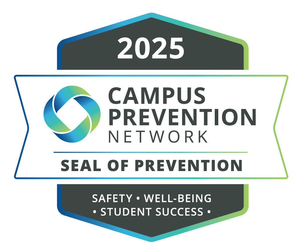 Seal showing "2025 Campus Prevention Network Seal of Prevention" with the words "safety, well-being, inclusion" on the bottom