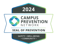 Seal depicting "2024 Campus Prevention Network Seal of Prevention" with the words "safety, well-being, community" at the bottom