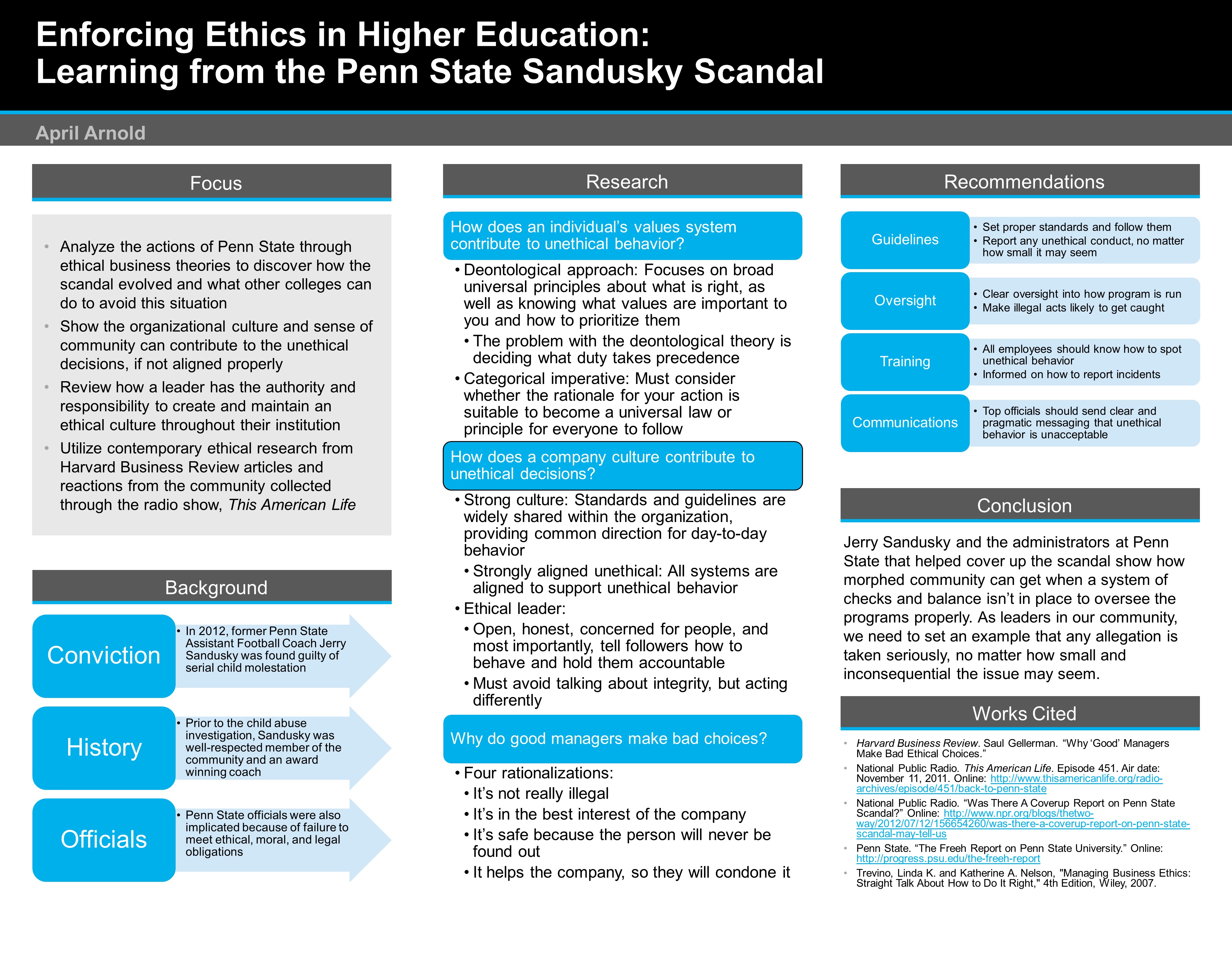 Poster image: 'Enforcing Ethics in Higher Education: Learning from the Penn State Sandusky Scandal'