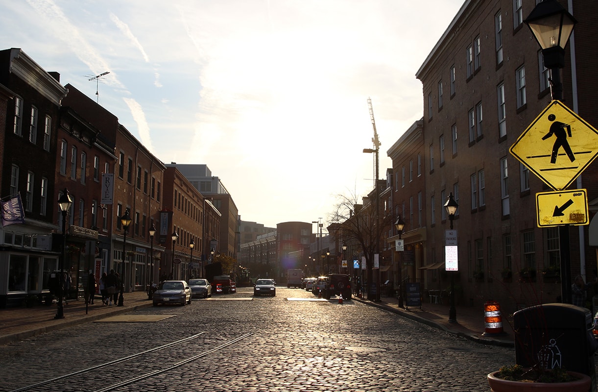 Photo of a cobblestone road in Fells Point, downtown Baltimore