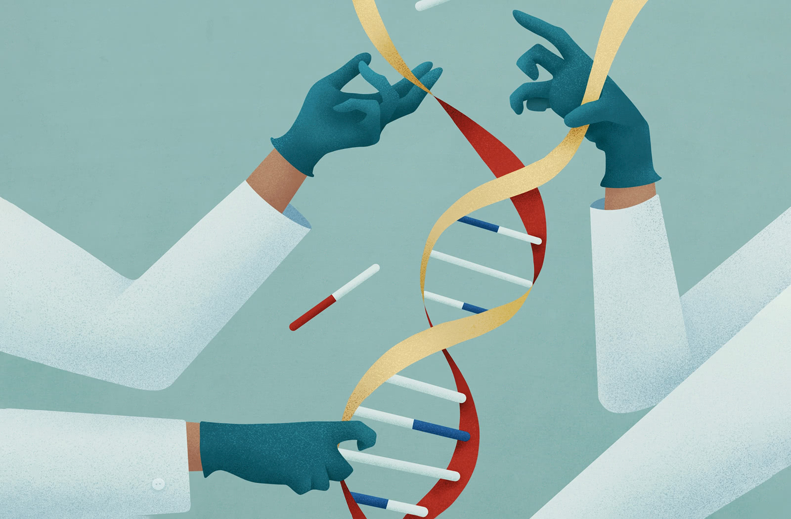 Illustration of two scientists modifying a DNA sequence