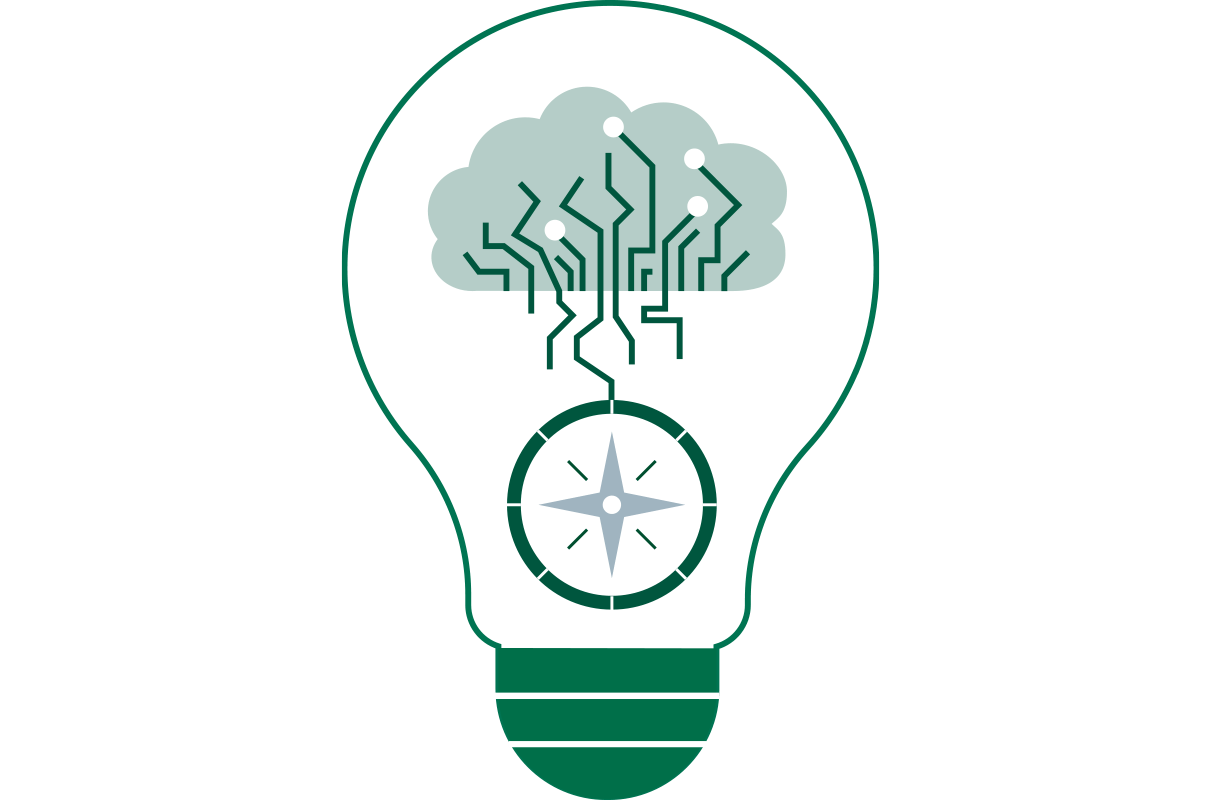 Illustration of a lightbulb with a cloud connected to a compass by computer circuits