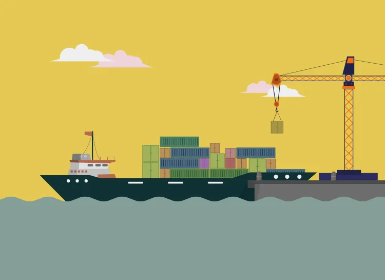 Illustration of crates being loaded into a cargo ship