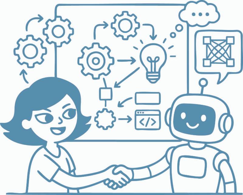 Illustration of a woman and robot high-fiving to illustrate responsible use of AI
