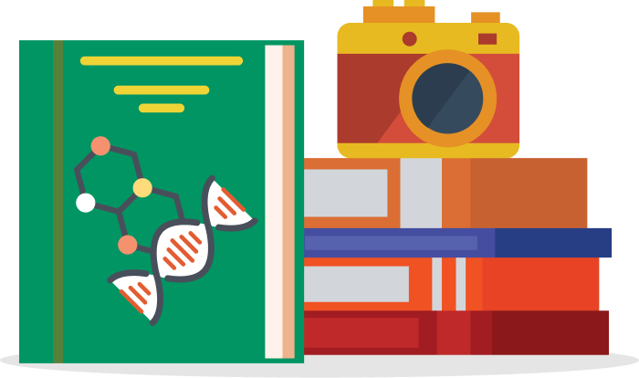vector illustration a science book and a camera on a stack of books