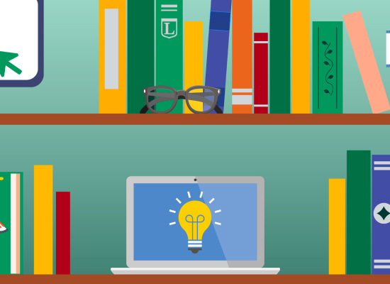 Graphic of bookshelves full of books and a laptop