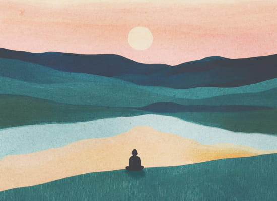 Illustation of a silhouetted person sitting amongst rolling green hills at sunset