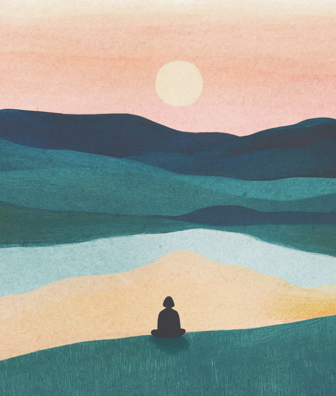 Illustation of a silhouetted person sitting amongst rolling green hills at sunset