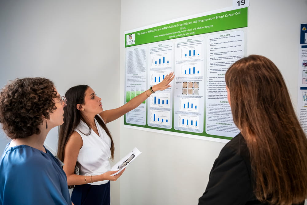 A student presents a poster while others watch and listen