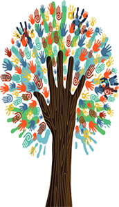 A depiction of a vibrant, healthy tree formed out of colorful handprints