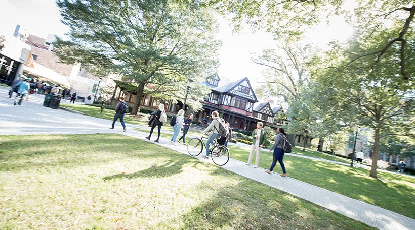 Students walking on the quad at Loyola University Maryland 