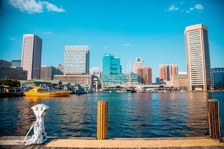 Clear sunny skies over the Baltimore City skyline