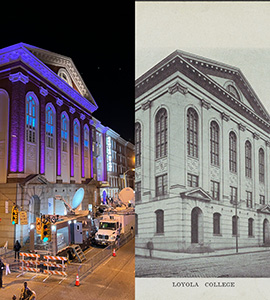Left to right: Center Stage in Baltimore during the CNN Townhall in 2021 and Loyola College in the early 1900s