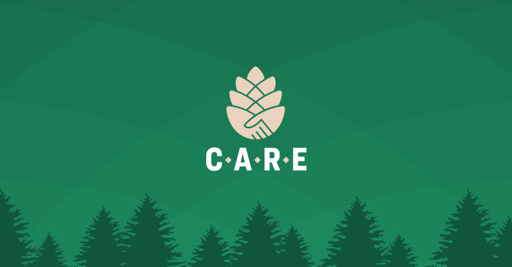 Evergreen trees and folded hands in the shape of a pinecone with acronym: CARE