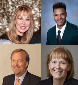 New trustees, clockwise from upper left, Susan S. Bloomfield, MBA ’94, Christian McNeill, ’22, Gerry Geckle, ’74, and James Lambdin, MSF ’83.