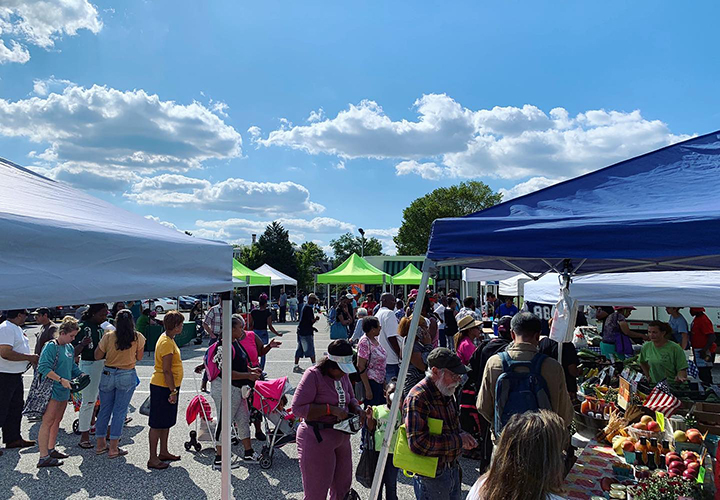 Govanstowne farmers' market during the summer with customers and vendors
