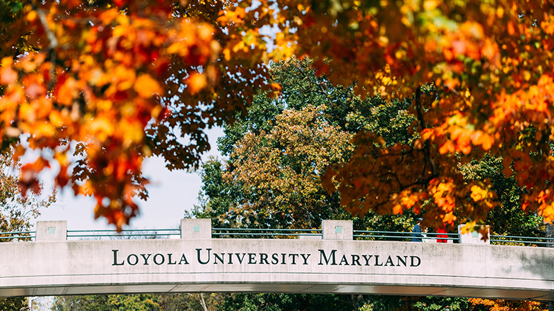 Loyola University Maryland's pedestrian bridge on North Charles Street in the fall.