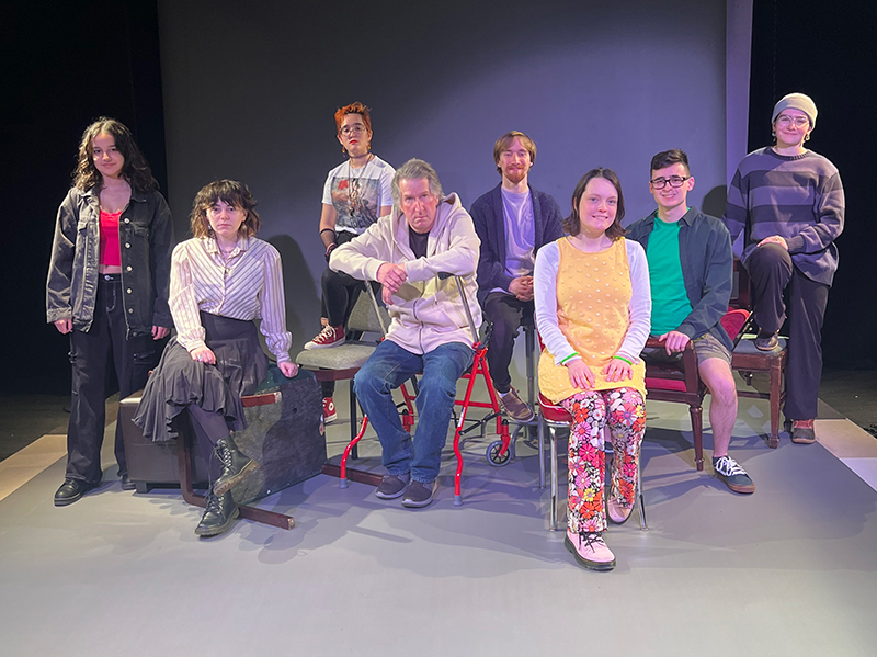 The full cast of (self) Portrait(s) from left to right: Malena Román, ’27, Charlotte Simon, '26, Ange Dickson, '25, Jim Bunzli (faculty), Matt Gamerdinger, '24, Evelyn Donovan, '27, Mac Ferrone, '25, Em McGrath, '26. Photo courtesy of Jess Franchock, ’24.