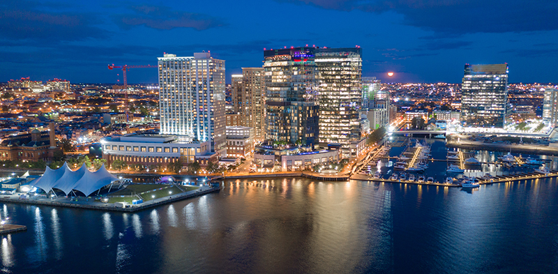 Baltimore skyline at night.