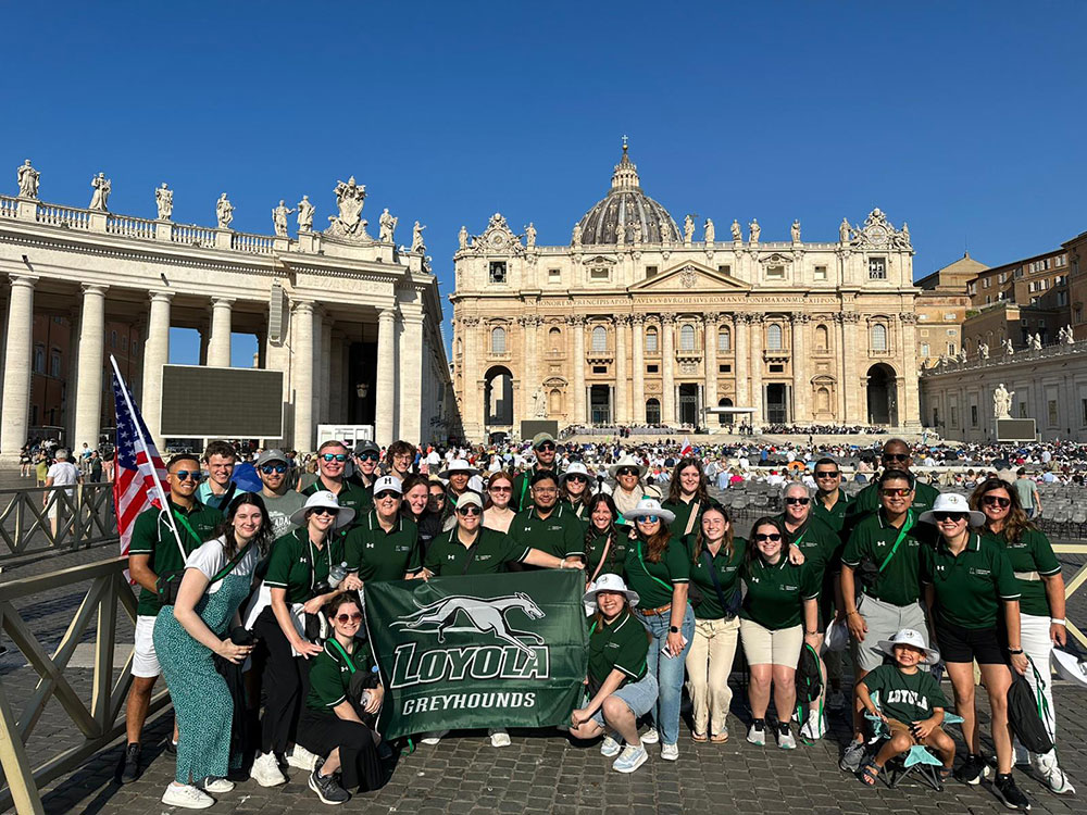 Loyola pilgrims at St. Peter's Square for an audience with Pope Leo XIV in August 2025