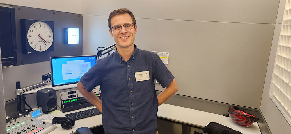 Joan Ricart-Huguet, Ph.D., associate professor of political science, at the NPR headquarters in Washington, D.C.