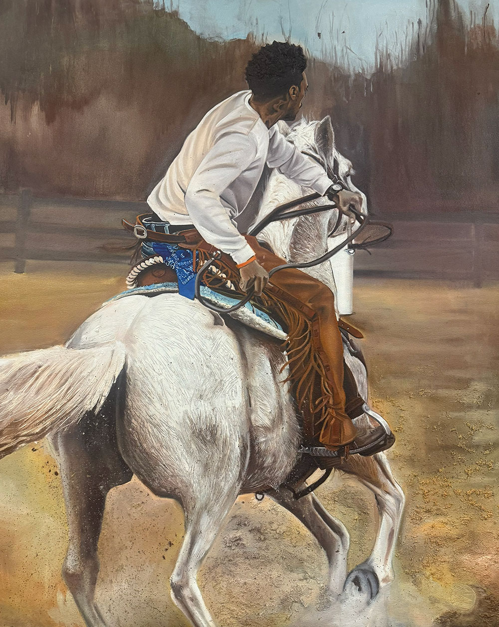 Bria Edwards, Rough Rider Shuffle, 2025, Oil, cold wax, and sawdust on canvas, 42 x 52 inches