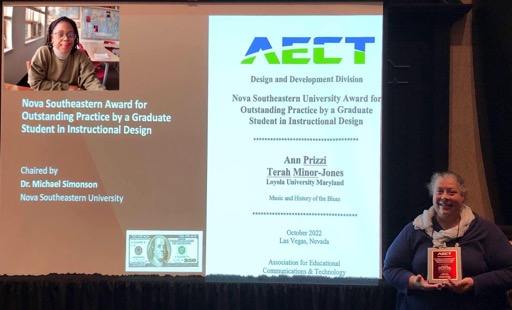 Anny Prizzi and Terah Minor-Jones by a screen reading AECT Design and Development Division, Award for Outstanding Practice by a Graduate Student in Instructional Design