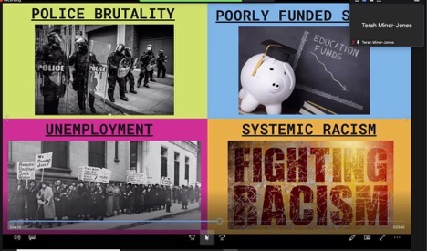 screenshot with four quadrants labeled: police brutality, poorly funded schools, unemployment, and systemic racism