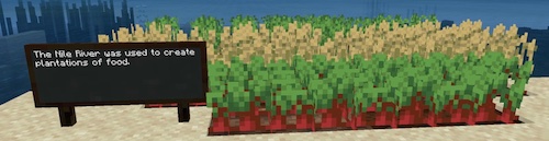 Minecraft screenshot with plants growing and a sign that says 'The Nile River was used to create plantations of food.'