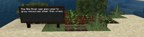 Minecraft screenshot of some plants growing and a sign that says 'The Nile river was also used to grow resources other than crops.'